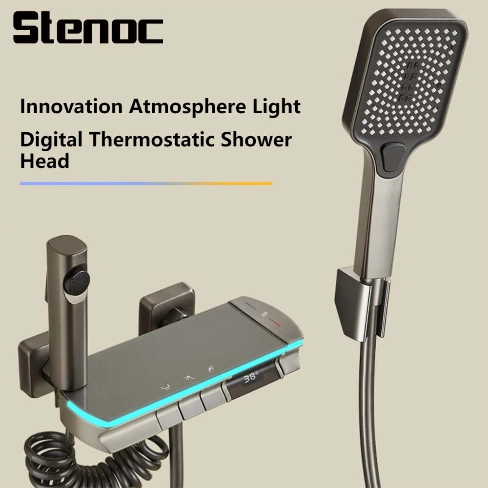 โมเดิร์นสีขาวสีเทาชุดฝักบัวอาบน้ําห้องน้ําฝนฝักบัวอาบน้ําแรงดันสูงชุดทองเหลือง LED ดิจิตอลอ่างอาบน้ําก๊อกน้ําชุดเต็ม 1