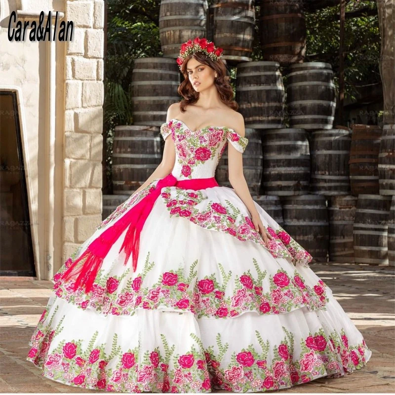 Charro vestidos de quinceañera para mujer, vestidos blancos con bordado  Floral, 16 vestidos de baile de graduación, vestido de fiesta mexicana XV,  15 años| | - AliExpress