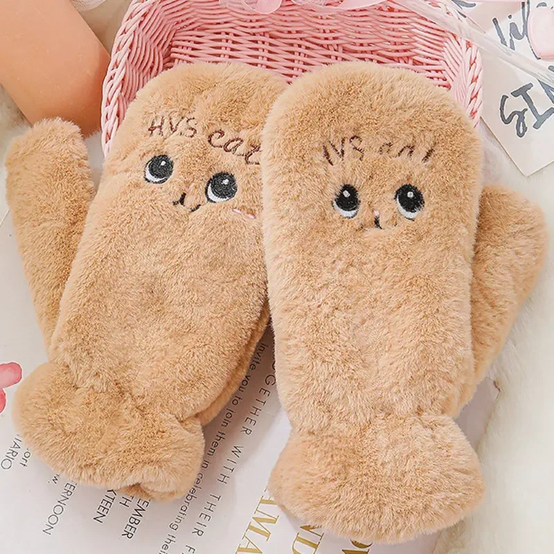 Women Winter Warm Plush Gloves Cute Cartoon Cat Embroidery Glove Warmer Thicken Windproof Mitten Soft All-Inclusive Mittens