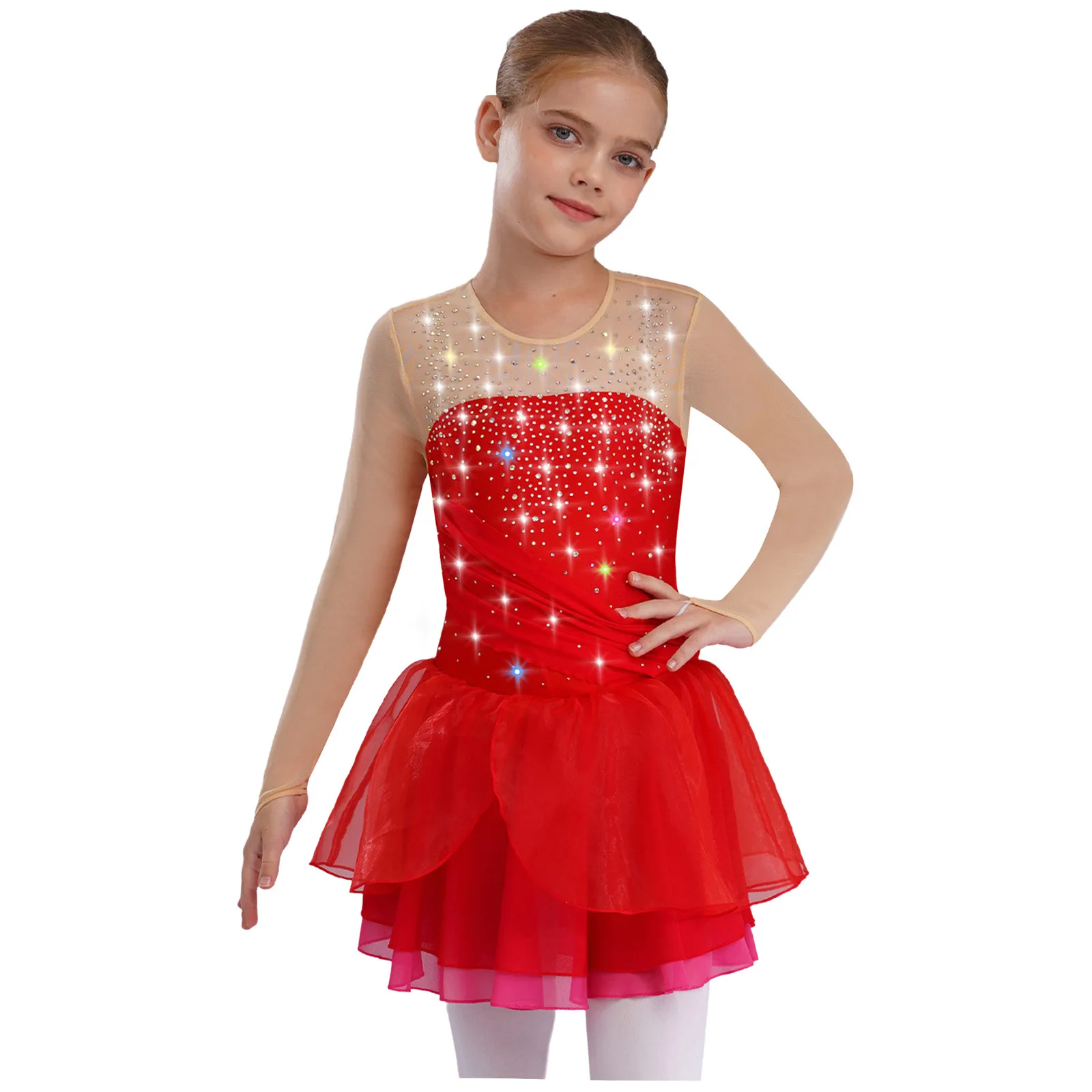 Kinder Mädchen Eiskunstlauf Performance Kostüm Glänzende Strasssteine Lyrisches Tanzkleid Sheer Mesh Long Sleeves Cutout Back Kleider – Detail 22