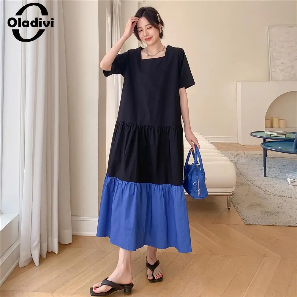 

Oladivi Large Size Women Patchwork Dress 2023 Summer New Casual Loose Long Dresses Female Oversized Clothing Tunic Robe 3XL 6603