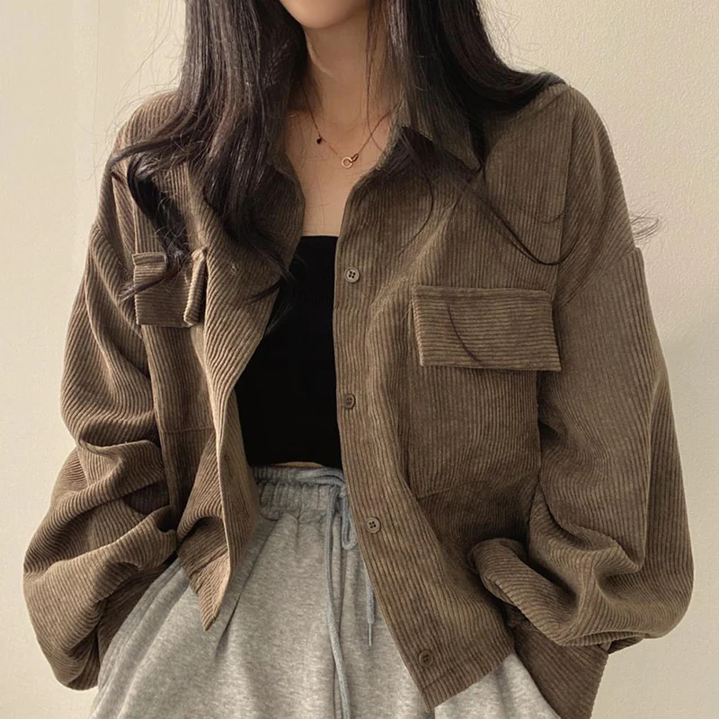 여성용 코듀로이 재킷, 빈티지 한국 스타일, 단색 코트, 싱글 브레스트, 단추 업, 긴 소매, 루즈 스트리트웨어, 가을