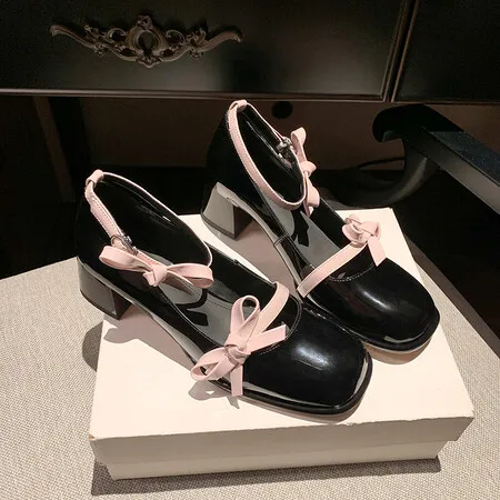 4.5cm High Heel Large Size Single Shoes 34-40 Thick Heel Shallow Mouth Bow with Mary Jane Shoes Female 2024