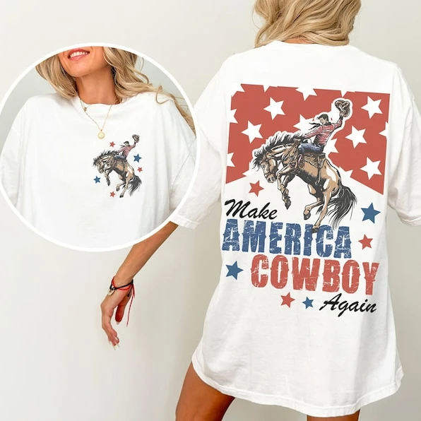 

Make America Cowboy Again Shirt Comfort Colors Bucking Bronco July 4th Tee America Patriotic Shirt Cowboy Western Cotton Tshirt