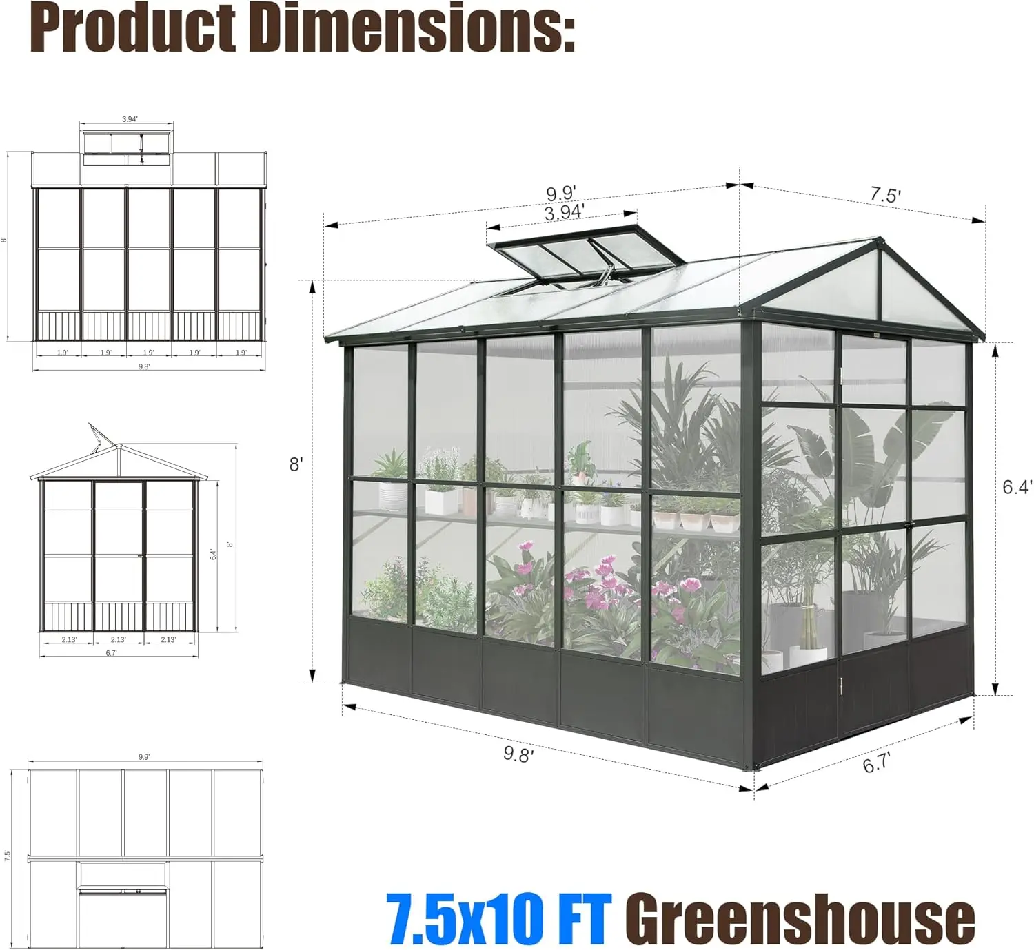 Domi 8x10FT Greenhouse, Polycarbonate Green House with Fully Auto Temperature Control Vent, Outdoor Full Aluminum Heavy Duty