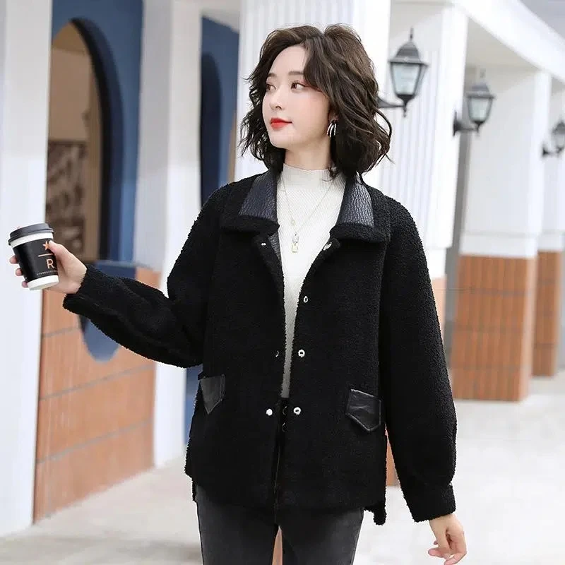 Female Leather Coat Fashion 2023 Korean Autumn And Winter New Lmitation Fur Jacket Two-Sided Wear Lamb Wool Jackes Short Loose