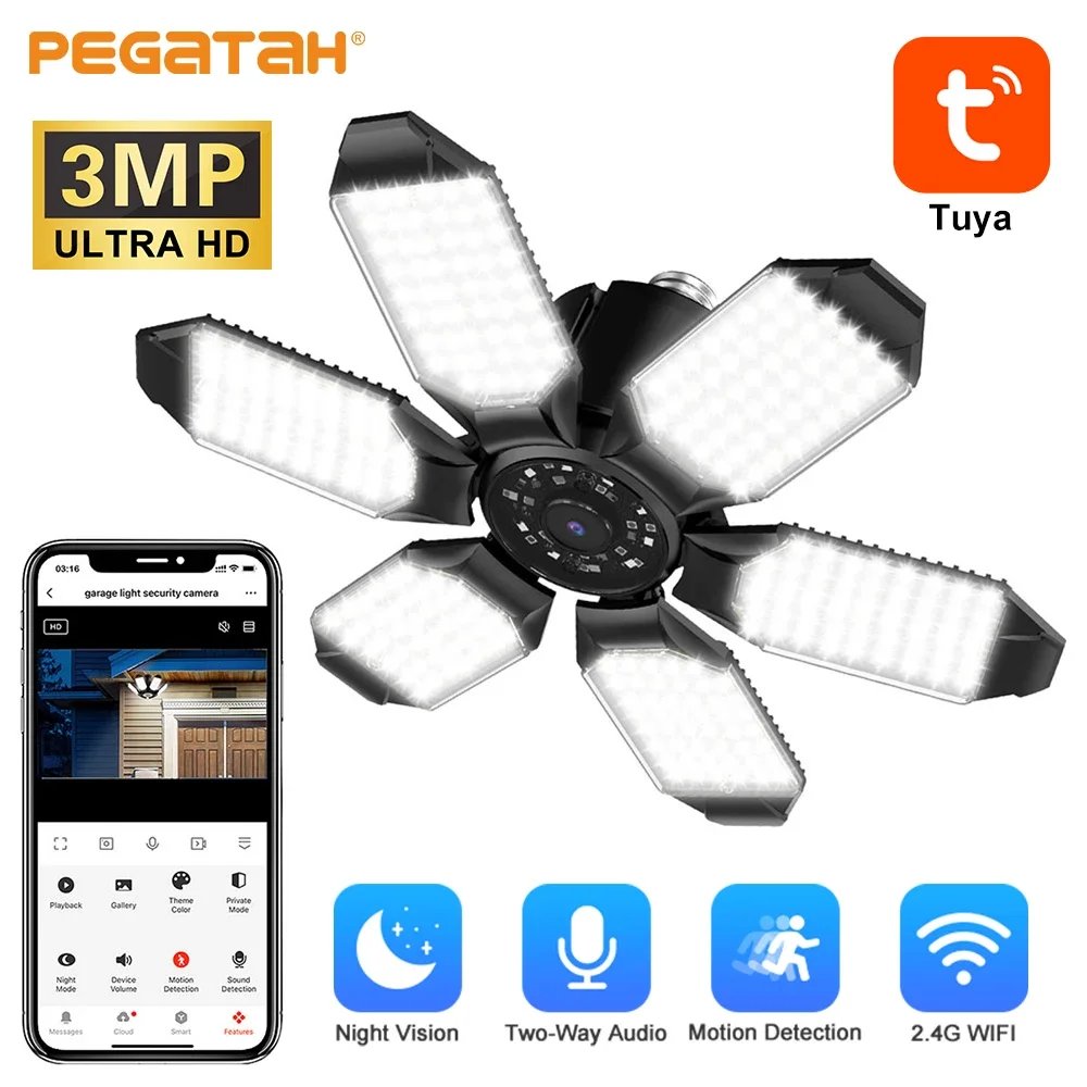 

PEGATAH E27 3MP Garage Light Camera WIFI CCTV Security IP Cameras AI Human Filter Push Color Night Vision Surveillance