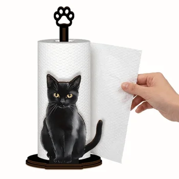 Wooden Base Black Cat Tissue Holder Desktop Decoration Cartoon Roll Paper Standing Rack Cute Food Wrap Storage Rack Bathroom 1