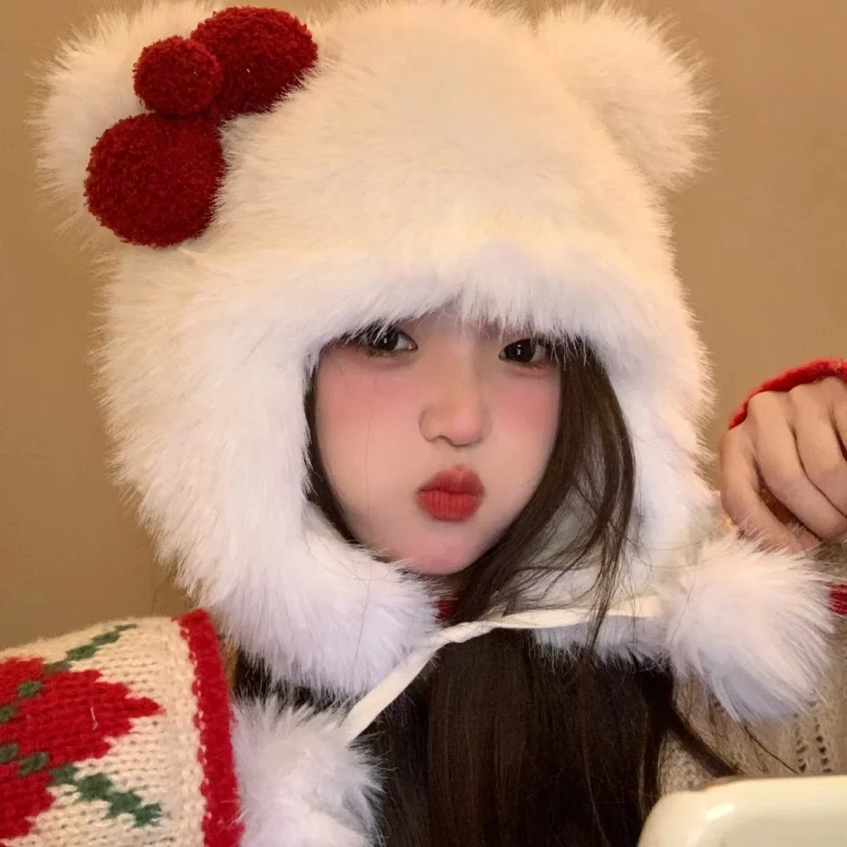 Kawaii Hello Kitty Korean Sweet Bow Plush Bomber Cap Winter Women Keep Warm Windproof Ear Protection Cute Christmas Gift