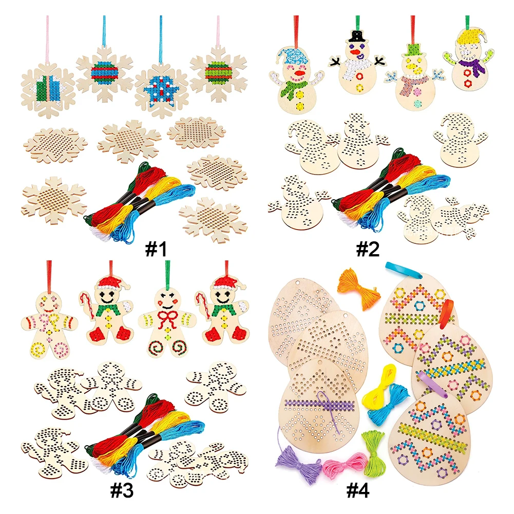 Cross Stitch Hanging Pendant Snowflake DIY Needlework Art Pendant Kit Wooden Ornaments Making Kit for Home Xmas Tree Decor