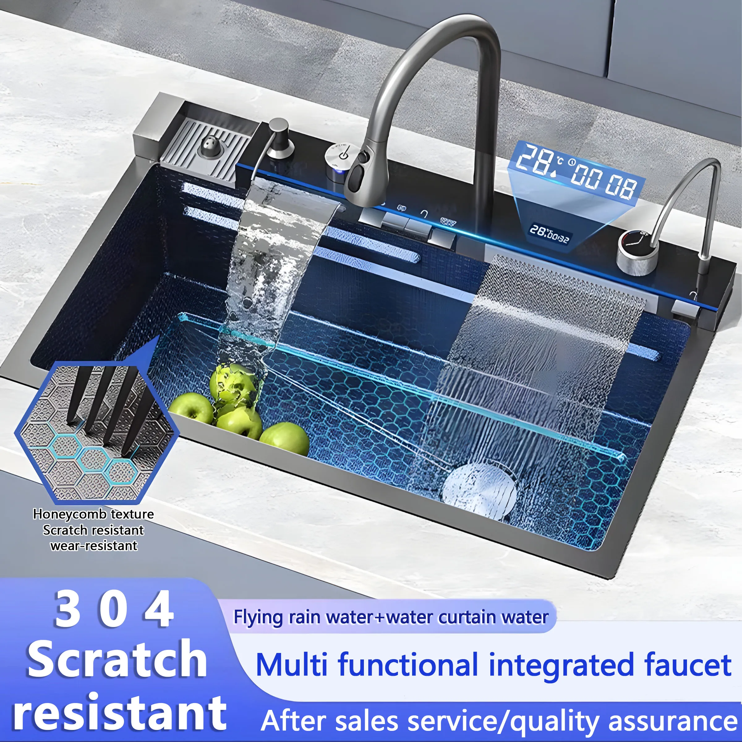 Black 6mm thick whale kitchen honeycomb sink 304 single slot digital display stainless steel nano household sink Soap Dispenser