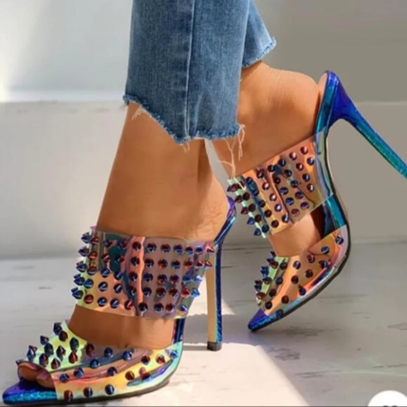 

Laser Rivet Peep Toe Stiletto Heel Mules Shoes Blue Snakeskin Cover Heels Pointed Toe Full Spikes Sandals Drop Shipping