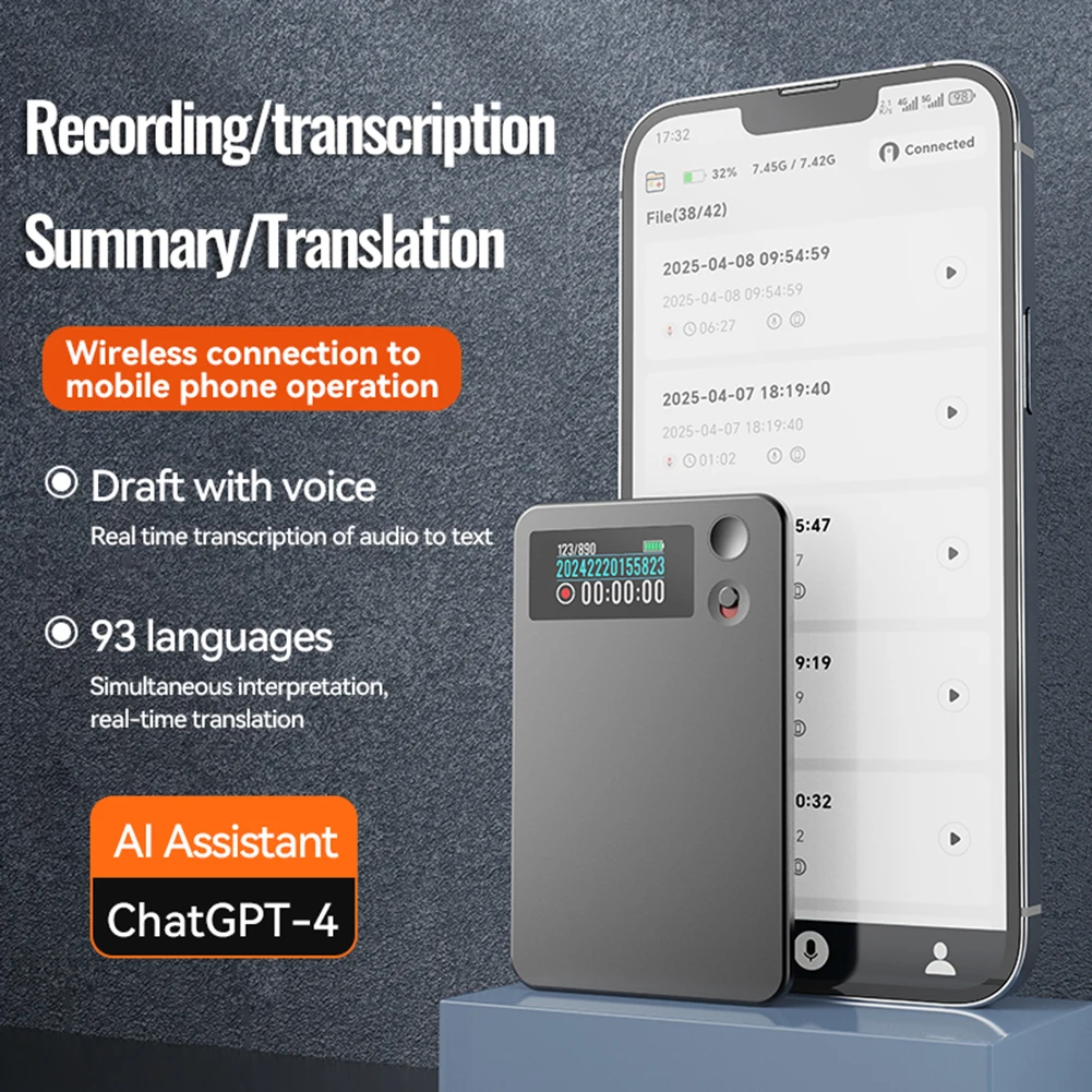 Multilingual Translation Recorder AI Voice Recorder With Real-Time Transcription - 64GB, 93 Languages, ChatGPT Summaries For Meetings & Interviews Grabadora De Voz Espia