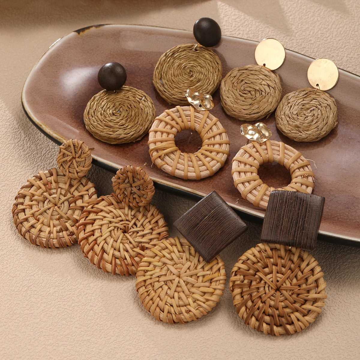 6Pcs Elegant Wood Earring Set For Women Fashion Exaggerated Big Round Geometric Drop Earrings 2024 Trendy Jewelry Gifts New