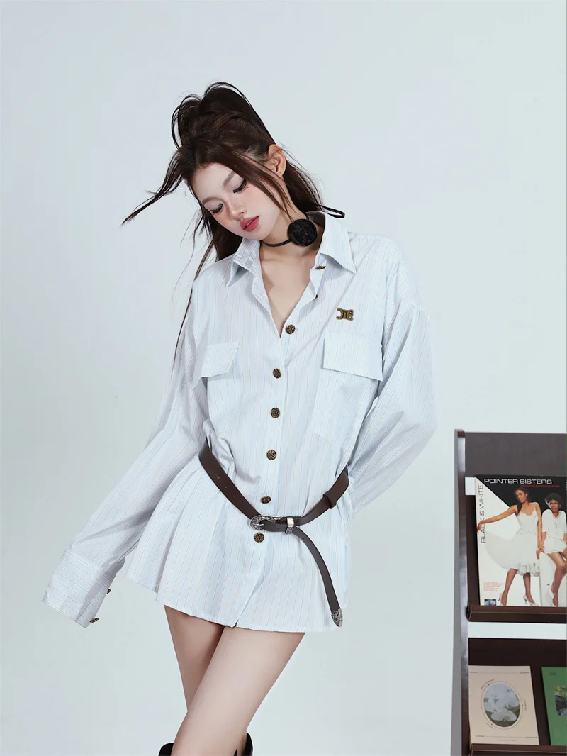 

SuperAen 2023 Long-sleeved High Street Style Loose Two-wear Shirt Dress with Belt