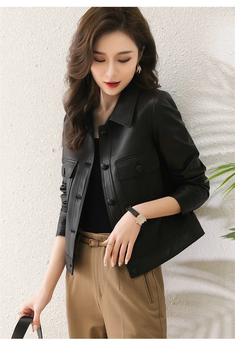 Lapel PU Leather Jacket Women 2024Spring Autumn New Coat Fashion Locomotive Goddess Overcoat High Quality Short Outerwear Female