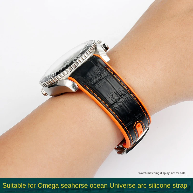 

For Omega Seamaster 300/600 leather strap 20mm Ocean Universe Orange Curved Interface Silicone Orange Black Watch Band for Men’s