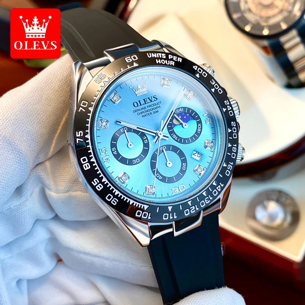OLEVS Watches for Men Chronograph Analog Quartz Watch Moon Phase Silicone Diamond Waterproof Luminous Watches Relogio Masculino