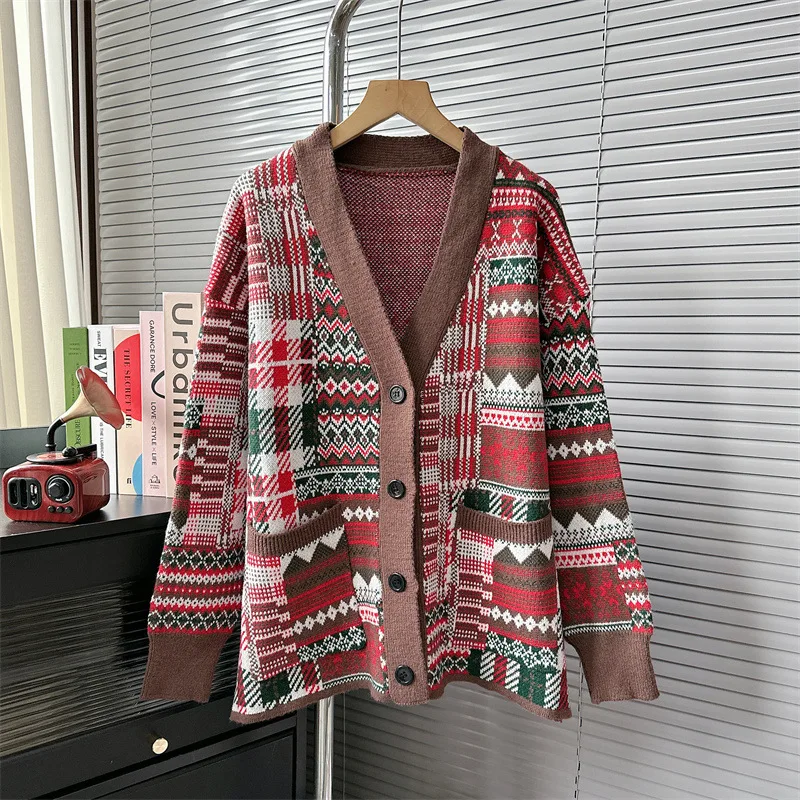 

retro red ethnic style sweater jacket women autumn knitted cardigan oversize pockets jumpers tops кофта женская