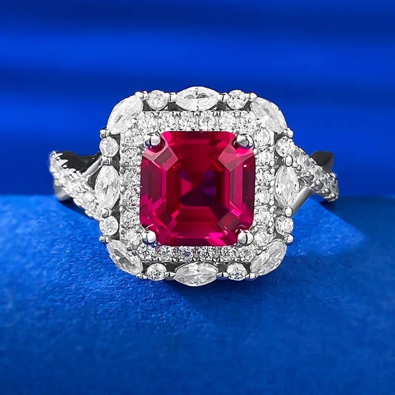 

2023 New Ring INS Simulation 7 * 7 Pigeon Blood Red Ring Hot Selling S925 Silver Ring for Foreign Trade