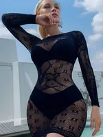 2024 New Fashion Sexy Beach Dress Hollow See Through Fishnet Short Net Skirt Sexiest Evening Party Club Wear Slim Short Dress 1