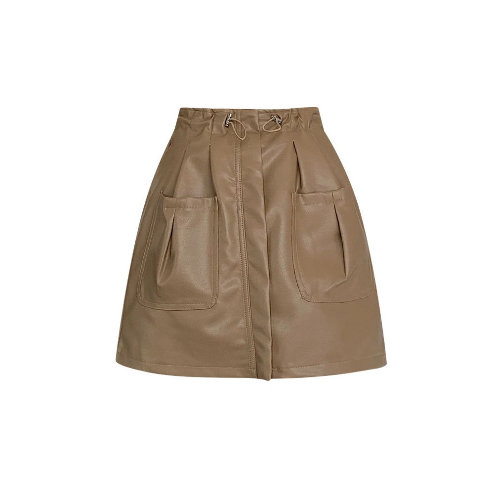 

PU leather flower bud skirt for women autumn short skirt casual A-line skirt female Black/Khaki/Green/Apricot