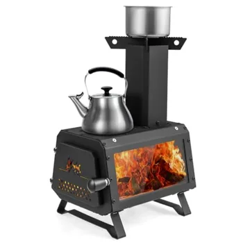 Portable Camping Wood Stove with 2 Cooking Positions Anti-Scalding Door Handle Glass Window Tabletop Fire Pit for Outdoor Cooki 1