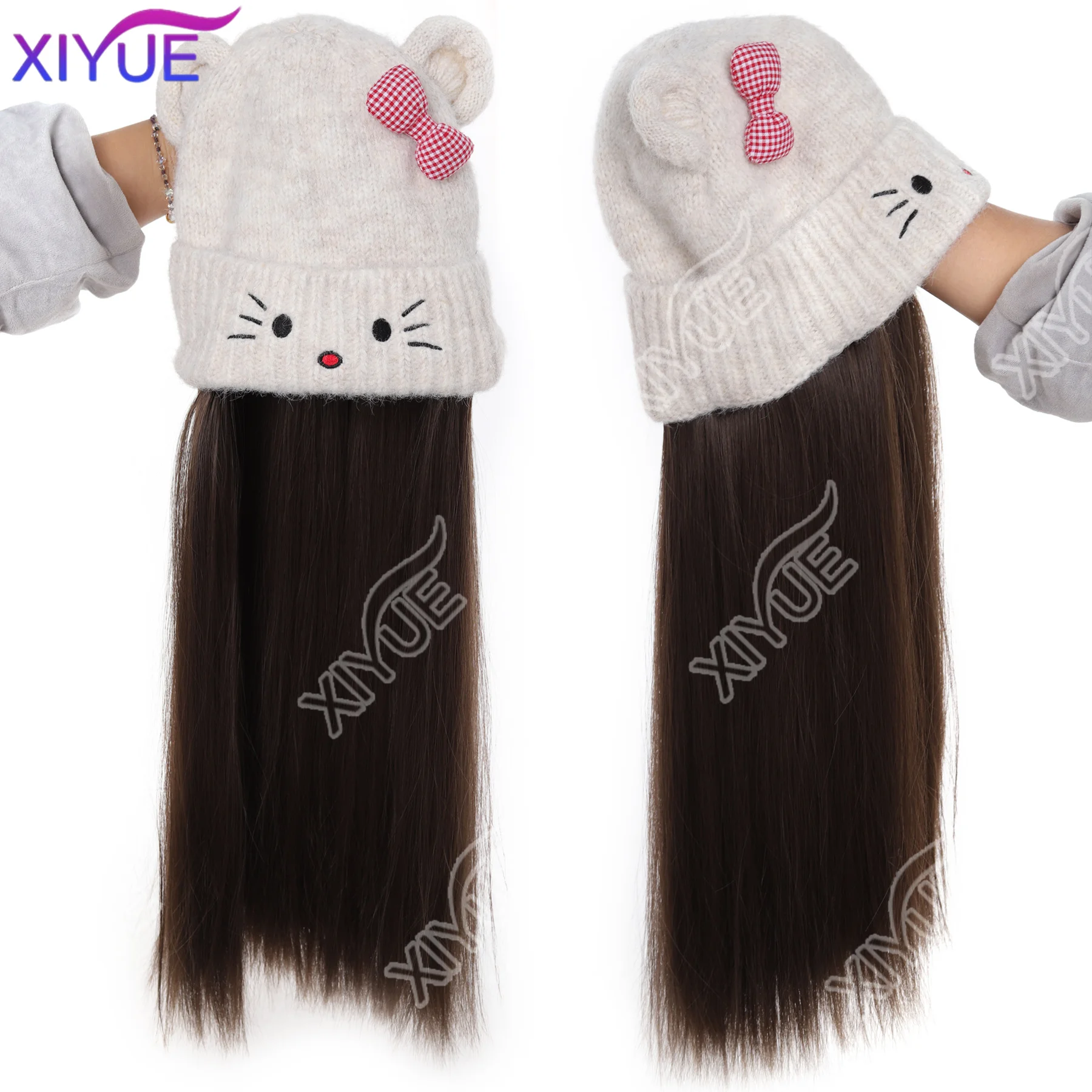 XIYUE Synthetic Long straight hair Cat Ear Lovely Bow Style Winter Knitted Hats Wig Hair Extension heat-resistant For womendaily
