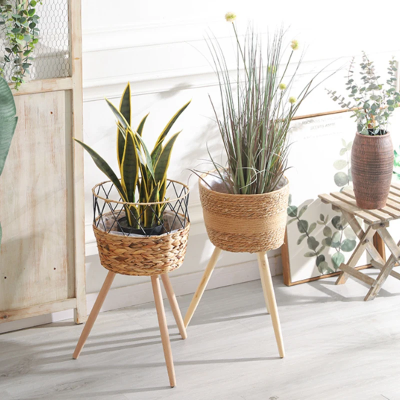 Elegant Rattan-Woven Plant Stand with Wooden Basket