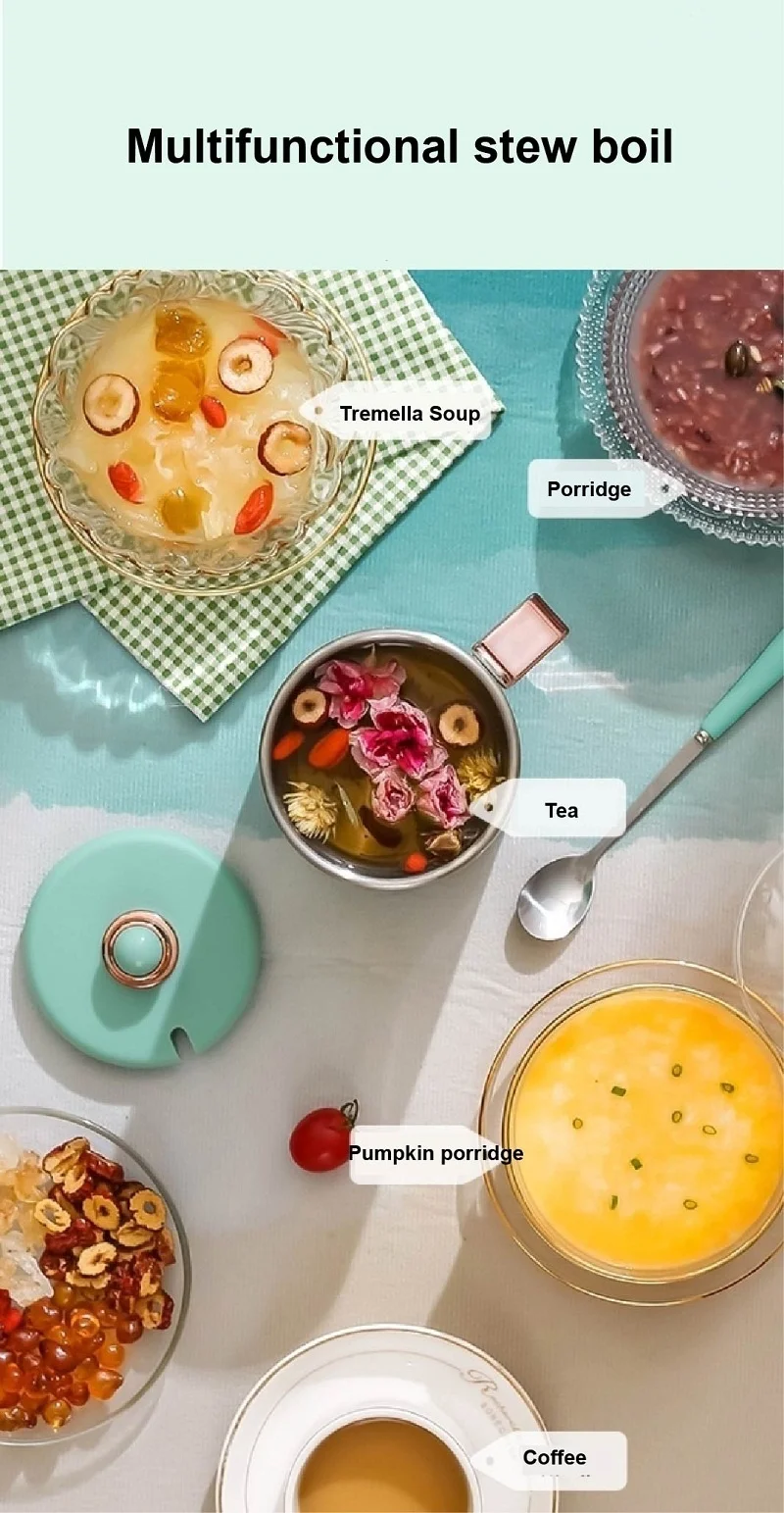 Description Picture 4 of item110V/220V Electric Kettle Portable Heating Cup Thermostat Heat Preserving Pot Electric Stew Cup Desktop Boiling Water Cup 450ML