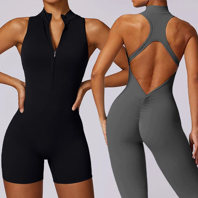 Scrunch Gym Jumpsuit Women's Fitness Suit Short Sets Sports Overalls for Woman Tracksuit Yoga Clothing Zipper Workout Sportswear