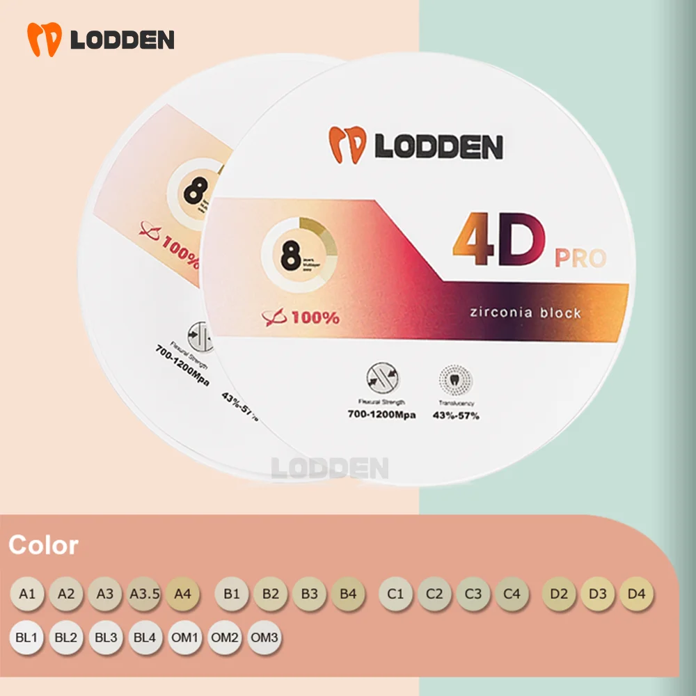 

Lodden Dental Zirconia Block 4D PRO Multilayer Zirconia Disc Dental Lab Material Vita 16 Colors for CAD CAM 98mm Open System
