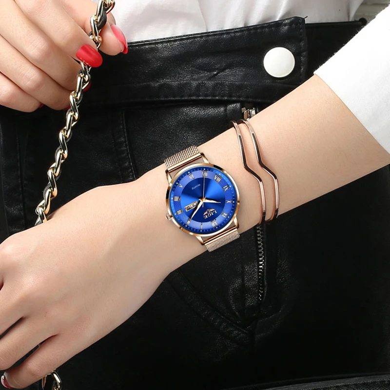 Elegant LIGE Women's Ultra-Thin Quartz Bracelet Watch with Date Display