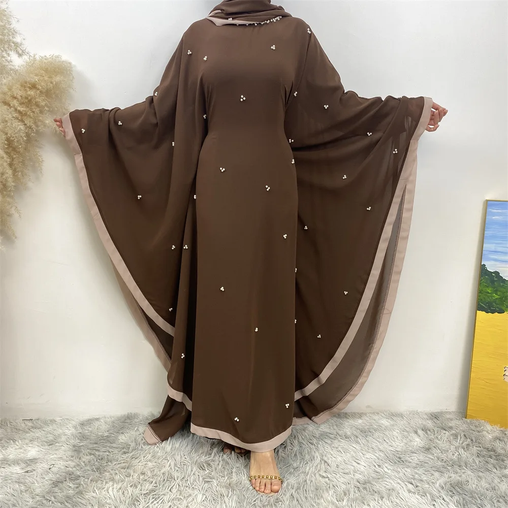 

Fashion Chiffon Women Abaya Loose Bat Sleeve Muslim Robe Pearl Designer Dress+hijab Islamic Moroccan Kaftan Dubai Luxury Kimono