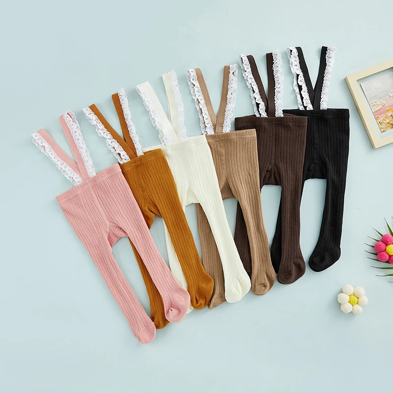 FOCUSNORM 6 Colors Infant Baby Girls Suspender Pantyhose High Waist Lace Plain Rib Knitted Footed Leggings Tights