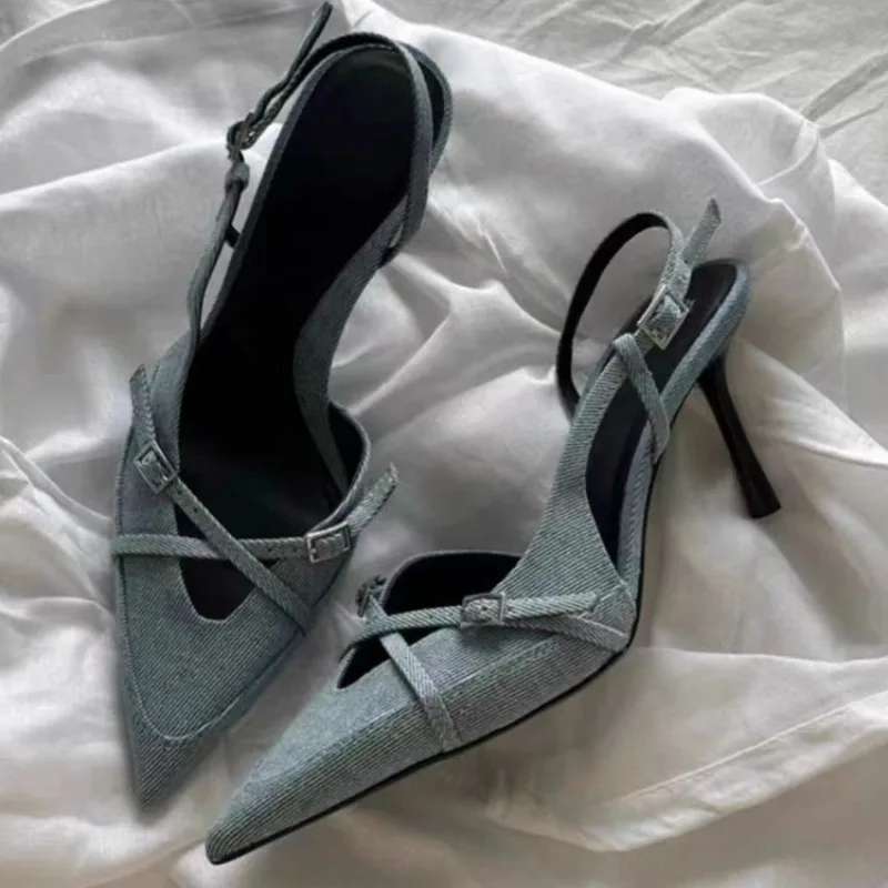 Blue Denim Fabric Stilettos Slingbacks Pointed Head High Heels Shoes for Women New Women Cross Strap Buckle Pumps Sandals
