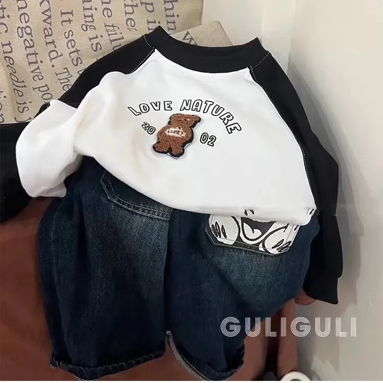 Korean Style Children Clothing 2024 Spring New Baby Boy Loose Pocket Mickey Jeans Pants Kids Fashion Blue Street Denim Trousers