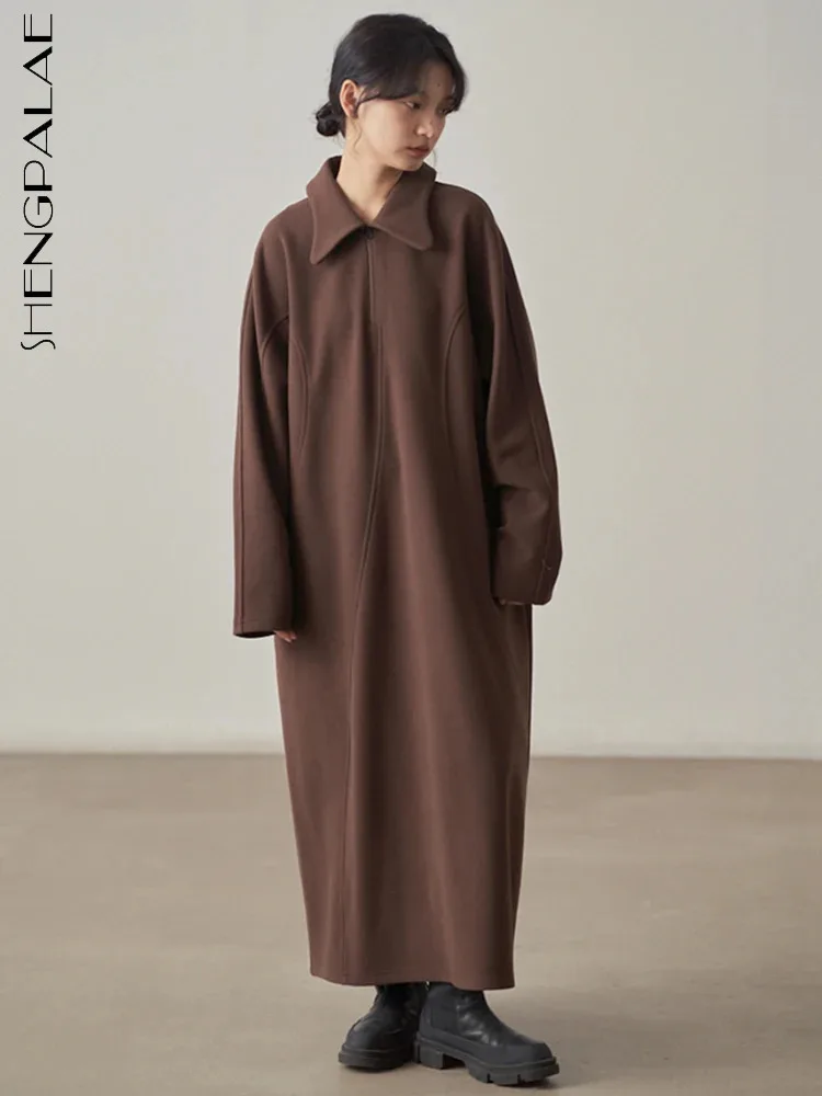 

SHENGPALAE Fashion Women Woolen Dress Temperament Versatile Lapel Solid Color Loose Thicken Vestido Winter 2023 New Tide 5R8198