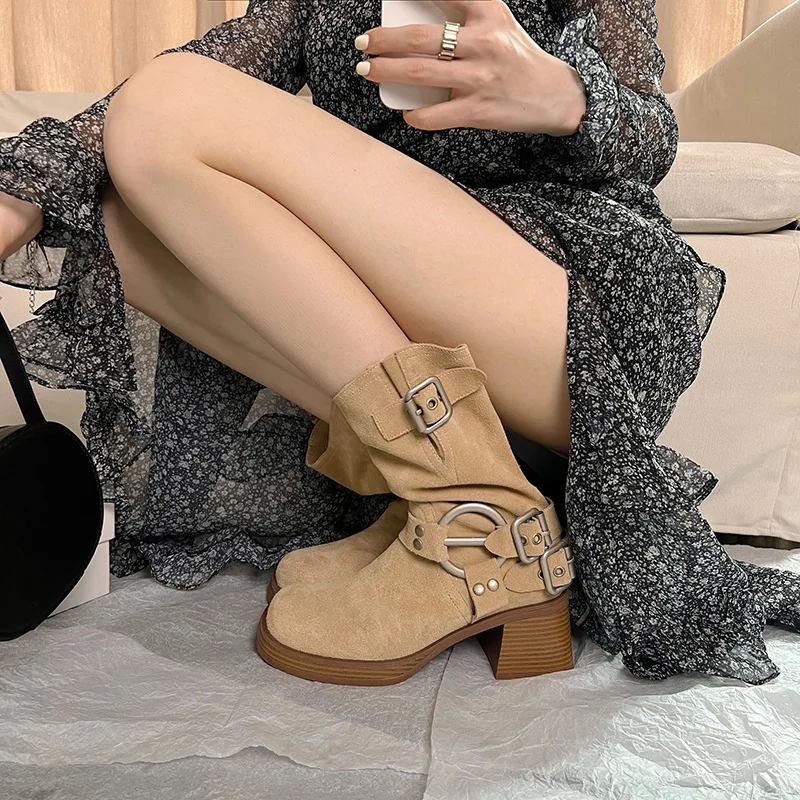 

Flock Mid Calf Boots Women Vintage Cowboy Western Ladies Thick Heel 2023 New Knight Female Shoes Buckle Pumps Flock Chic Casual