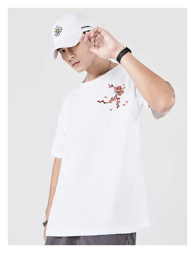 Sommerliches T-Shirt mit Pflaumen-Blumenstickerei für Herren, Baumwolle, Kurzarm, besticktes Herren-Oberteil, Marken-Streetwear 2026 Kleidung Z1 – Detail 11