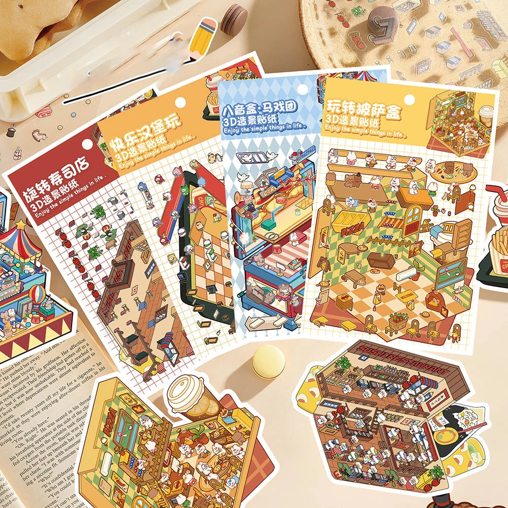 New 3d Food And Play Landscape Stickers Cute Student Handbooks Material Scenes Stickers Miniature 3d House Decoration