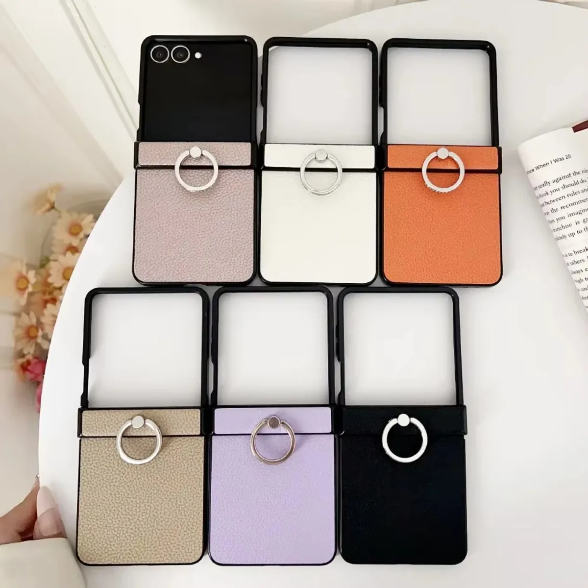 PU Leather Lychee Pattern Phone Case with Ring Holder and Hinge Protection