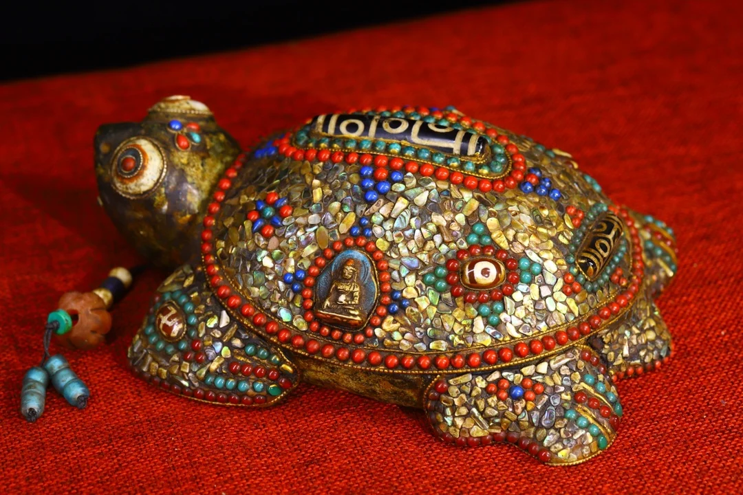 

8"Tibet Temple Collection Old Natural Meteorite Gem gZi Beads Shell Longevity turtle Six-character truth Amulet Dharma