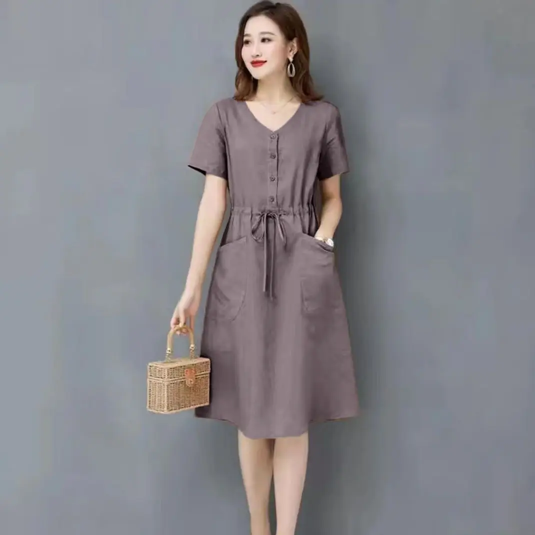 Elegant Cotton Linen V-Neck Midi Dress - Women's Breathable Drawstring A-Line Dress