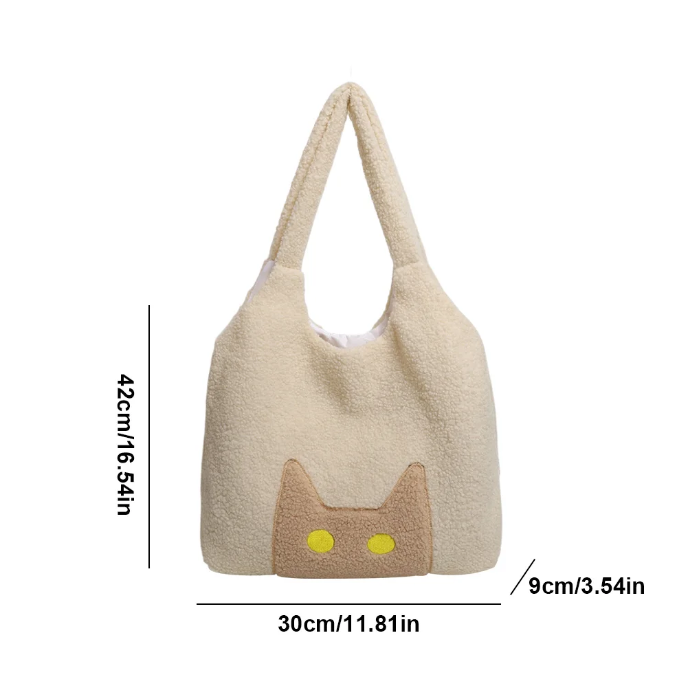 Lambs Wool Plush Tote Bag for Women Cute Cat Shoulder Bag