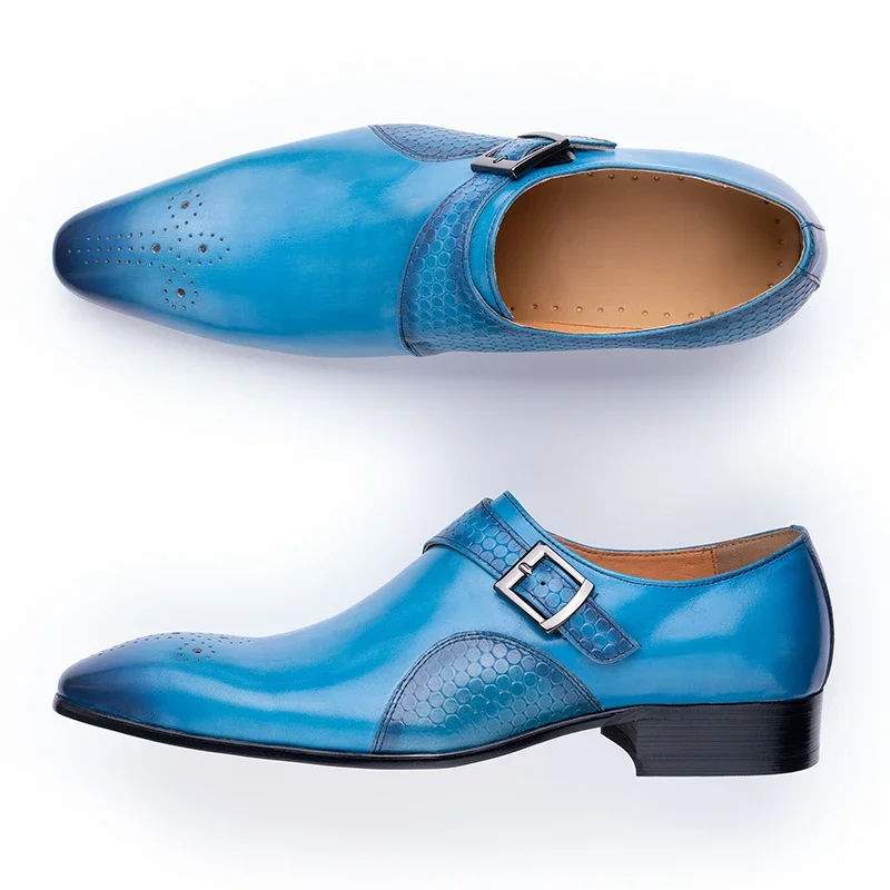Men Loafer Shoes Elegant Dress Formal Suit Breathable Leather Shoe No Slip Handmade Monk Adult Footwear Blue Black