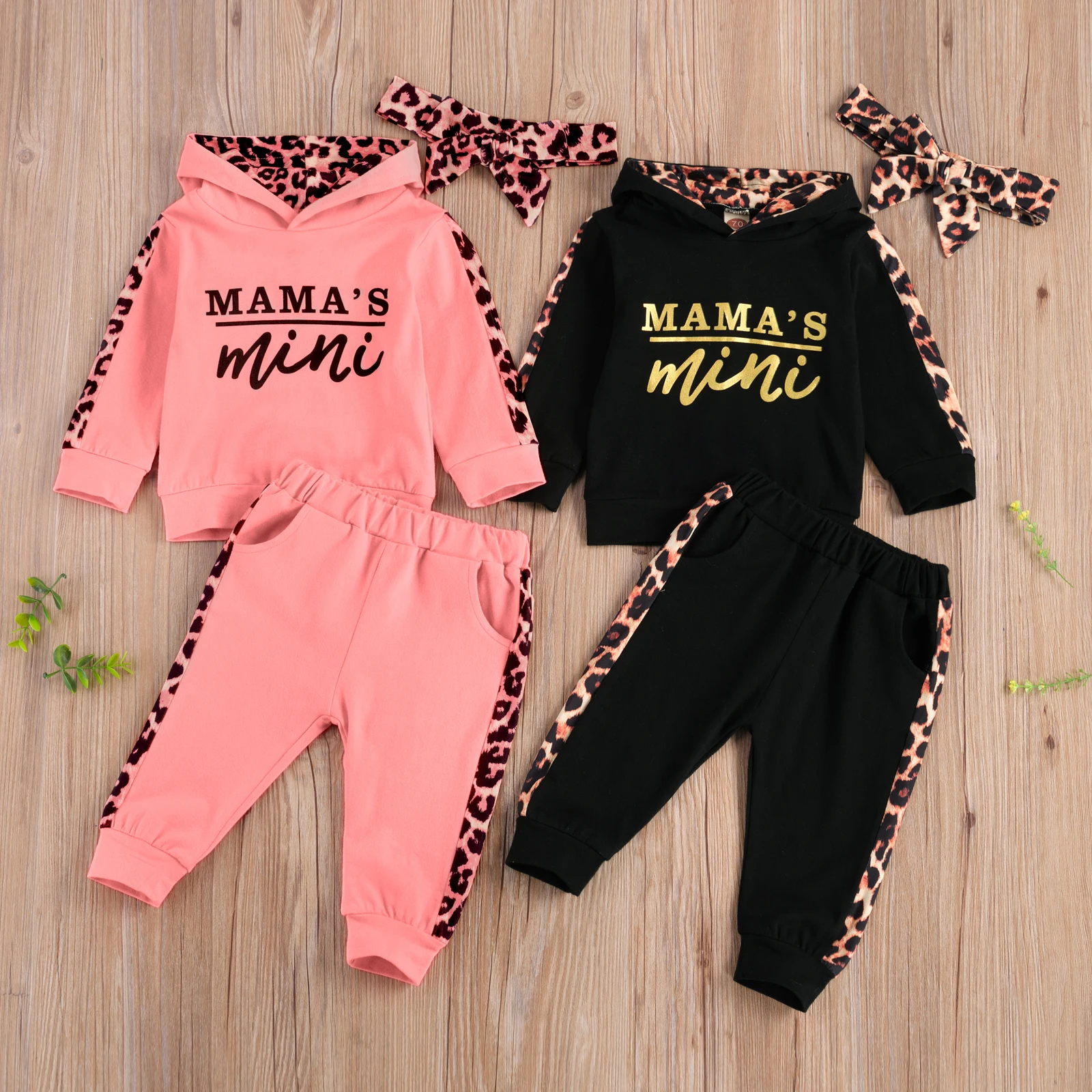 Kids Clothes Set Baby Girl Clothing Set 3PCS Baby Girls Autumn Winter Clothes Tracksuit Letter Long Sleeve Hoodies Tops and Leopard Stitching Long Pants with Headband