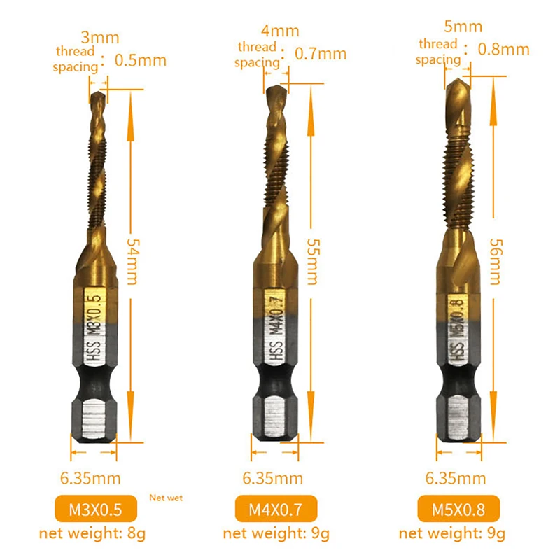 1/6Pcs Tap Drill Bit Set Hex Shank Titanium Plated HSS Screw Thread Bit Screw Machine Compound Tap M3 M4 M5 M6 M8 M10 Hand Tools