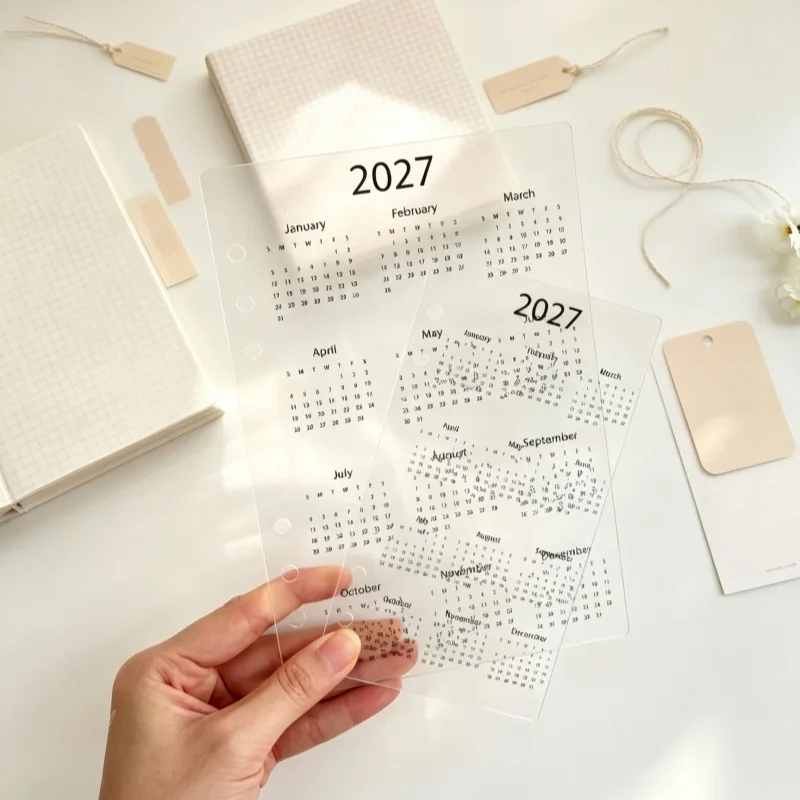Calendario 2027 con divisori in acrilico A5/A6, pagine interne a sei fori per calendario a fogli mobili, indicatore per agenda del prossimo anno - immagine 3