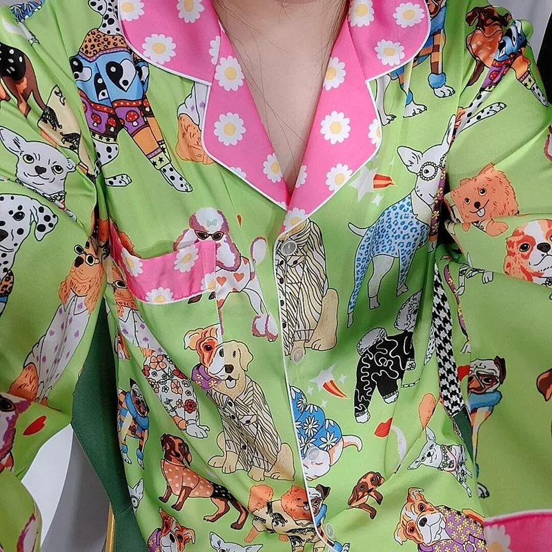 Autumn Silk Sleepwear Green Cartoon Print Women Pajamas Set Long-sleeved 2 Pcs with Trousers Satin Cardigan Home Clothes Female